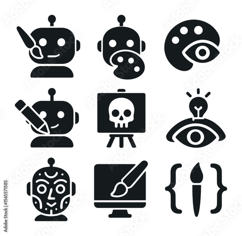 AI Artist Icons. Solid, filled icons set of AI artists: brush bot, color cheek, palette eye, pencil brow,