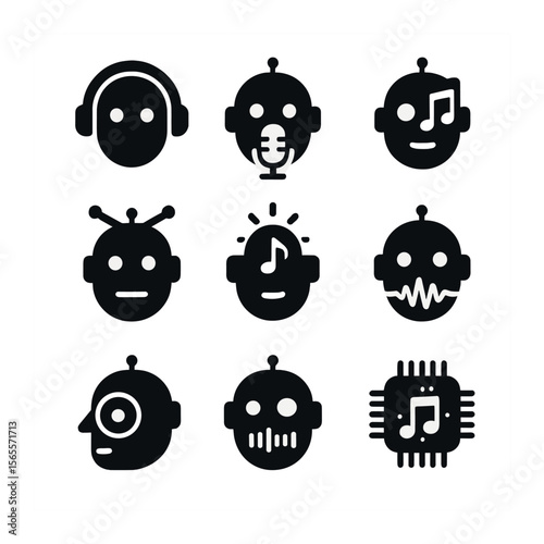 AI Musician Icons. Solid, filled icons set of AI musicians: headphone head, mic mouth, beat eye, rhythm brow,