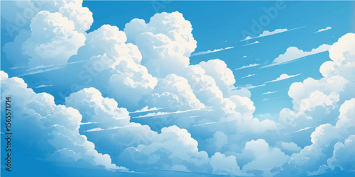 Bright blue sky with fluffy white cumulus clouds on a clear, beautiful day