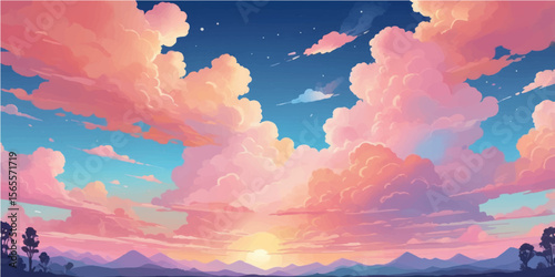 An abstract watercolor painting captures a beautiful cloudy sunset in the mountains with the sky ablaze in light and color