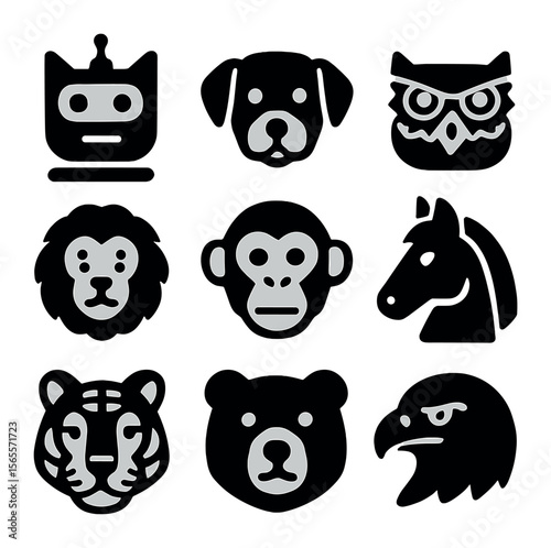 AI Animal Icons. Solid, filled icons set of AI animals with faces: cat bot, dog head, owl AI, lion face,