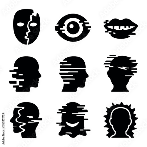 Glitch Art Icons. Solid, filled icons set of glitch art portraits: broken mask, corrupted eye, pixel mouth,