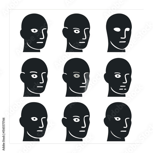 Monochrome AI Avatars Grid. Solid, filled icons set of monochrome AI avatars: black face, grayscale eye, sharp