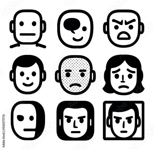 Comic-Style AI Faces. Solid, filled icons set of comic-style AI faces: ink line jaw, speech bubble eye,