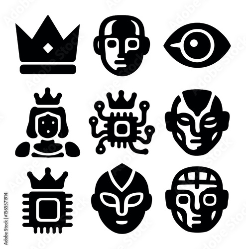 Robotic Royalty Icons. Solid, filled icons set of robotic royalty: titanium crown, chrome face, platinum eye,