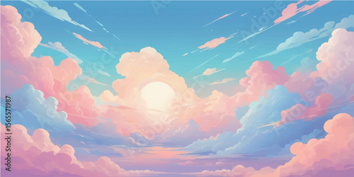 Hand holding a red heart against a bright blue sky with white clouds and sunlight