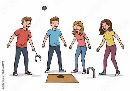 Illustration of four happy friends playing a horseshoe tossing game outdoors, enjoying a fun and casual leisure activity together.