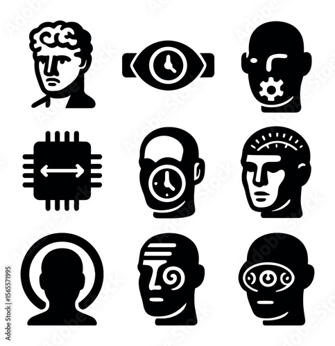 Time Traveler Icons. Solid, filled icons set of time traveler AI: antique face, watch eye, gear jaw, timeline