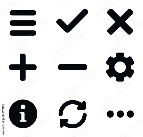 Minimalist Icon Set. Solid, filled icons set of minimalist interface elements: hamburger menu, check mark,