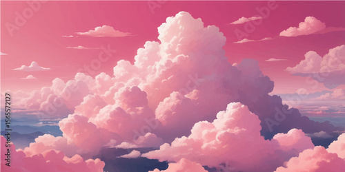 Pink cumulus clouds drift across a blue sky, creating a beautiful cloudscape