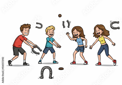 Illustration of happy children playing a game of horseshoes outdoors, enjoying a fun summer or backyard activity.