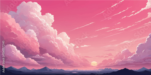 Pink clouds grace the sky, adorning mountains and cityscapes alike in a beautiful, dramatic sunset cloudscape