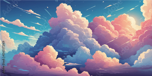 Beautiful blue sky with fluffy white clouds and bright sunlight