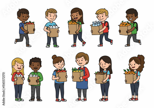 Diverse group of people, including children and adults, carrying boxes of food and supplies for donation and community help in a cartoon illustration.
