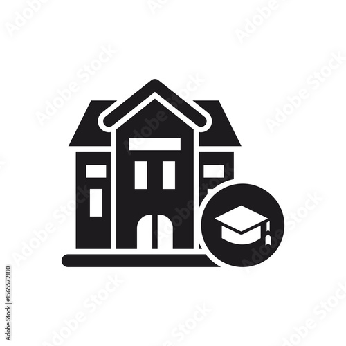 School Building Icon with Graduation Cap for Education Concept,student dormitory icon.