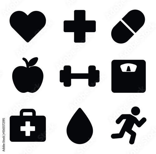 Minimalist Health Icons. Solid, filled icons set of minimalist health icons: heart, cross, pill, apple,