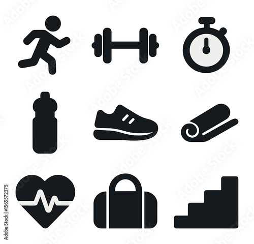 Minimal Fitness Icons. Solid, filled icons set of minimalist fitness symbols: running, barbell, stopwatch,