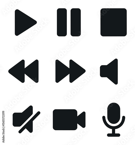 Minimalist Media Icons. Solid, filled icons set of minimalist digital media: play button, pause, stop, forward