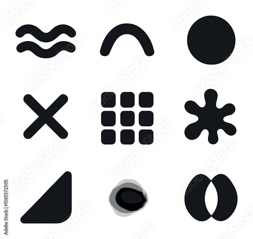 Modern Abstract Icons. Solid, filled icons set of minimalist abstract forms: wave, curve, dot, intersect, grid