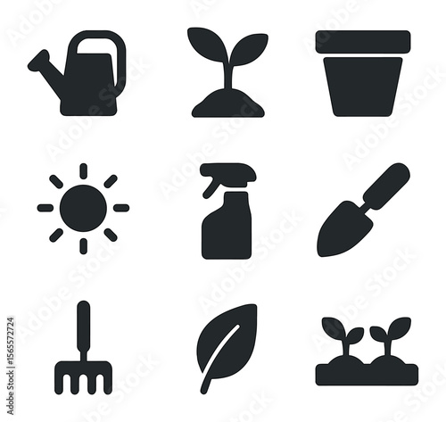 Minimalist Plant Care Icons. Solid, filled icons set of minimalist plant care: watering can, sprout, pot, sun,