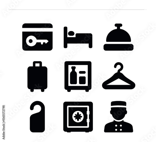 Minimalist Hotel Icons. Solid, filled icons set of minimalist hotel services: keycard, bed, bell, suitcase,