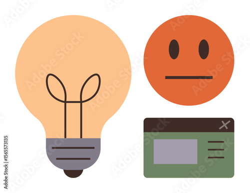 Lightbulb for innovation and ideas, neutral face for emotion or feedback, and a web interface panel for digital interaction. Ideal for creativity, feedback, web design, technology, innovation, user