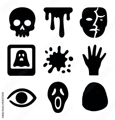 Horror Icon Grid. Solid, filled icons set of horror collage icons: skull overlay, bleeding text, torn face,