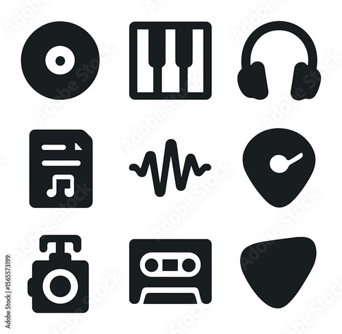 Musical Icon Collection. Solid, filled icons set of musical collage: record disk, piano key, headphone icon,