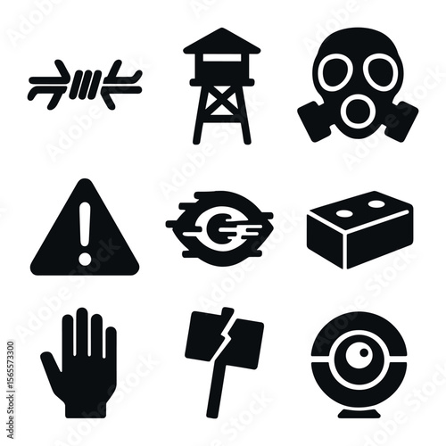 Dystopian Icon Set. Solid, filled icons set of dystopian collage: barbed wire, tower shadow, gas mask, warning