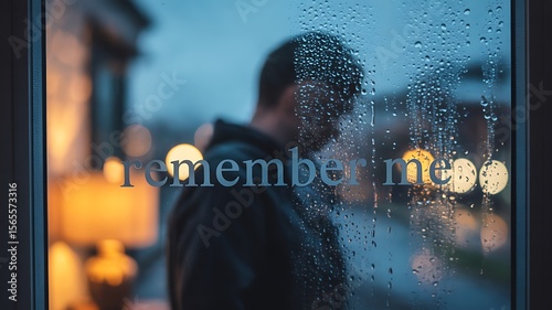 Man looking out rainy window with text remember me