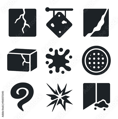 Urban Decay Icons. Solid, filled icons set of urban decay collage: cracked wall, rusted sign, torn poster,