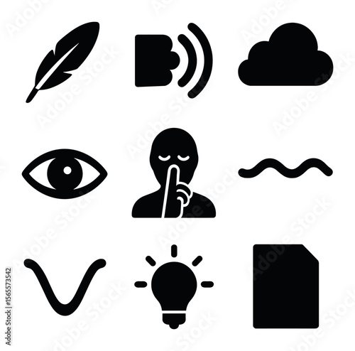 Poetic Silence Icons. Solid, filled icons set of poetic silence collage: feather line, soft echo, cloud edge,