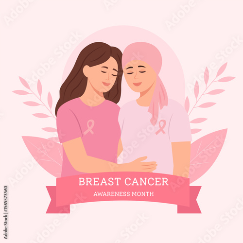 Breast Cancer awareness.  Women with pink ribbon. Pink october month female healthcare campaign solidarity web template design. Vector  illustration