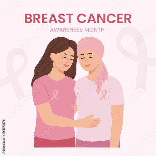 Breast cancer Month with a pink ribbon. International Breast Cancer Day. Concept of support and solidarity with women fighting oncological disease. Vector illustration