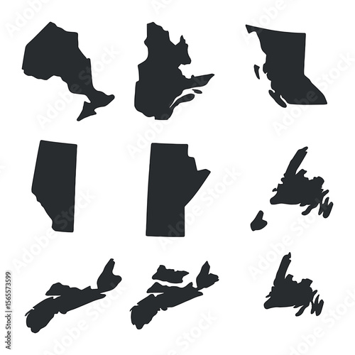 Canadian Provinces Icon Set. Solid, filled icons set of Canadian province maps: Ontario, Quebec, British