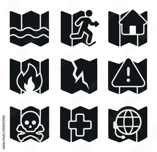 Emergency Planning Icons. Solid, filled icons set of emergency planning maps: flood zone, evacuation route,