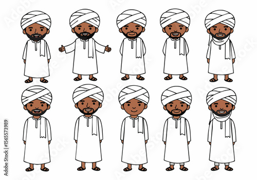 Set of Cartoon Sudanese Men in Traditional White Clothing and Turbans with Various Poses and Expressions