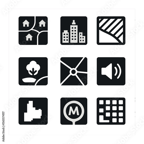 Urban Planning Icons. Solid, filled icons set of urban planning maps: residential area, business district,