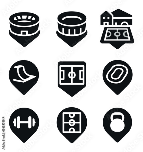 Sports Venue Icons. Solid, filled icons set of sports venue maps: stadium, arena, sports complex, skate park,