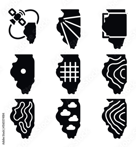 Satellite Map Icons. Solid, filled icons set of satellite state maps: orbital path, scan zone, imagery frame,