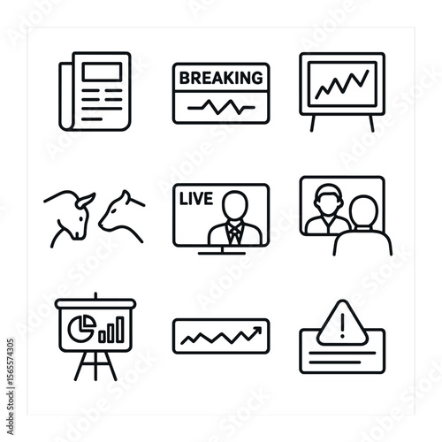 Financial News Icons. Outline icon set of financial news: newspaper, breaking news banner, market headline,