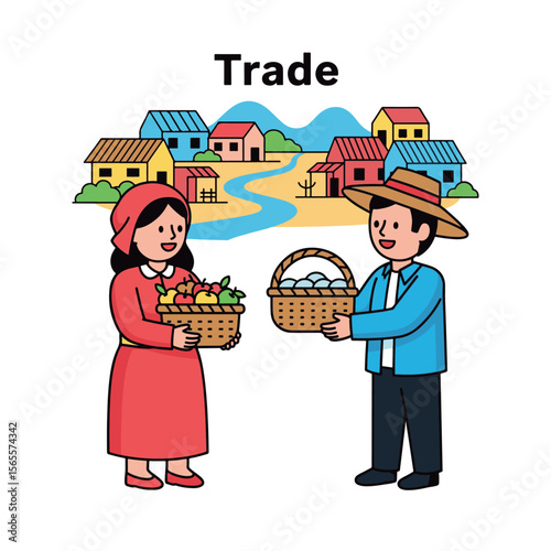 Simple Village Trade Illustration: Goods Exchange