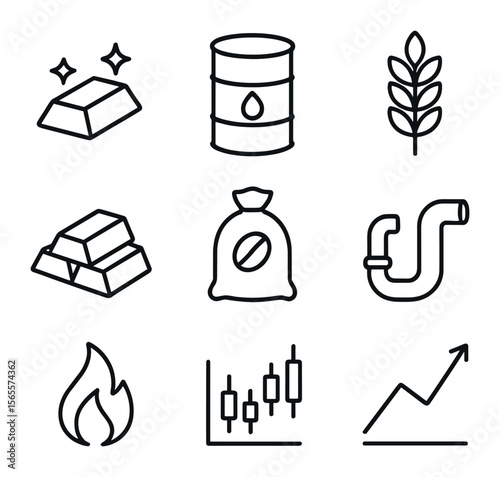 Commodities Trading Icons. Outline icon set of commodities trading: gold bar, crude oil barrel, wheat grain,