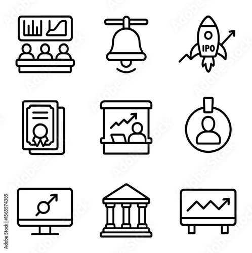 Stock Exchange Icons. Outline icon set of stock exchange: trading floor, bell ringing, IPO rocket, stock