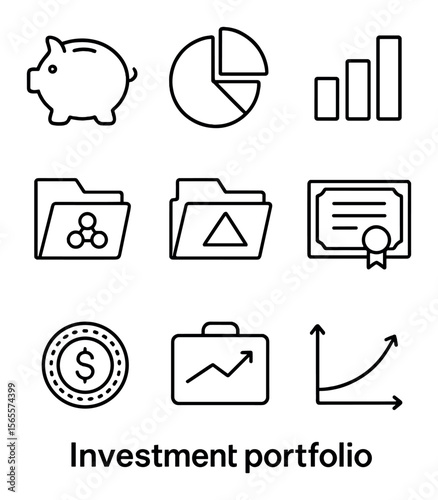 Investment Icon Set. Outline icon set of investment portfolio: piggy bank, pie chart, asset allocation bars,