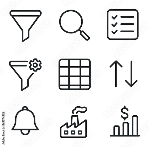 Stock Screener Icons. Outline icon set of stock screener: filter funnel, search magnifier, watchlist, custom