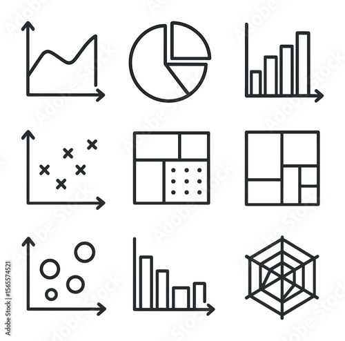 Financial Chart Icons. Outline icon set of financial charts: area chart, pie chart, histogram, scatter plot,