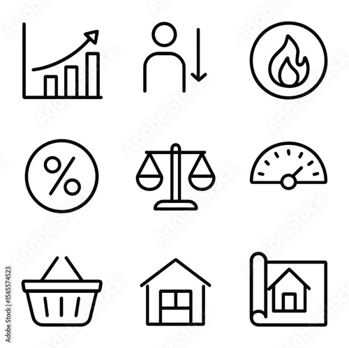 Economic Icons Grid. Outline icon set of economic indicators: GDP growth, unemployment rate, CPI inflation,