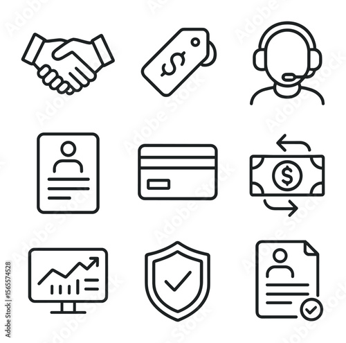Brokerage Services Icons. Outline icon set of brokerage services: handshake deal, commission fee tag, customer