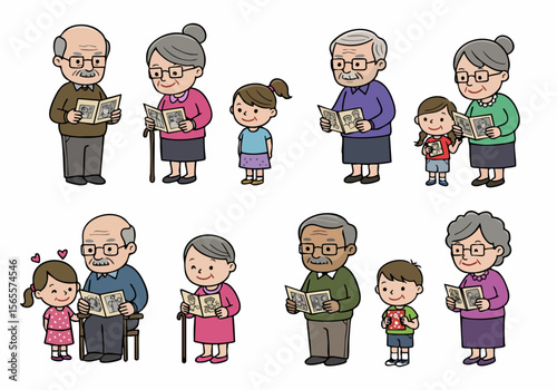 Cartoon illustrations of grandparents and grandchildren looking at photo albums, depicting intergenerational family bonding and sharing memories.